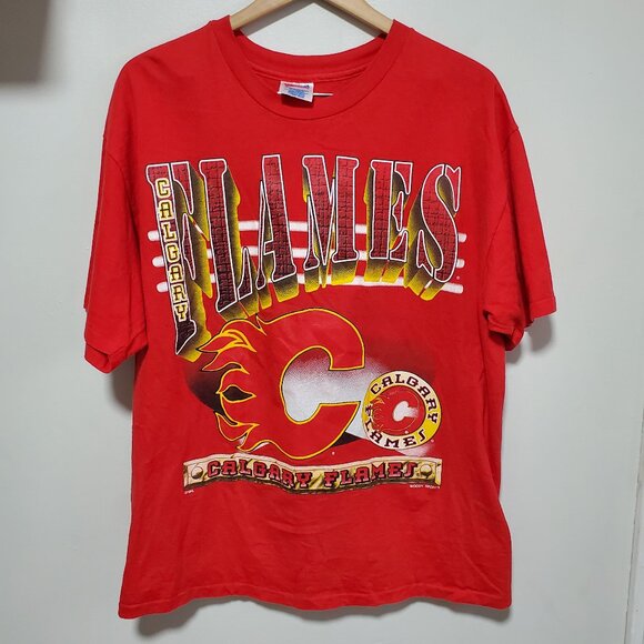 HANES Heavyweight Vintage Calgary Flames T-Shirt Woody Sports NHL Retro Men's XL - Picture 1 of 11